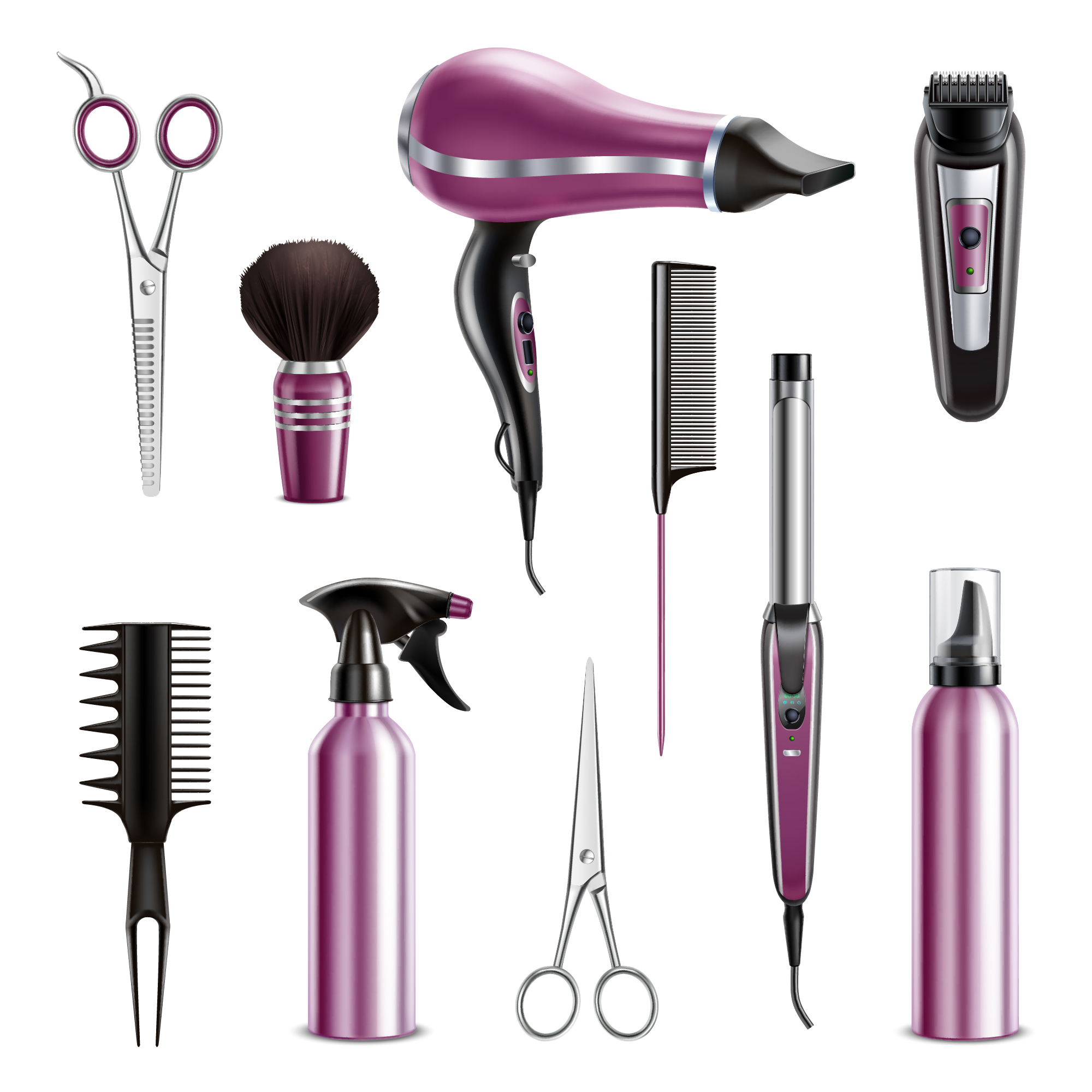 hairdresser tools realistic set